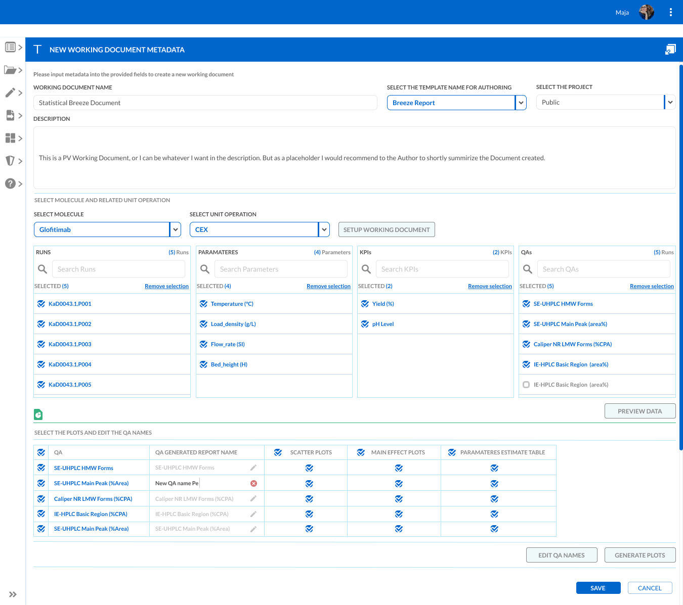 Process validation report - chromatography reporting UI for pharmaceutical manufacturing documentation