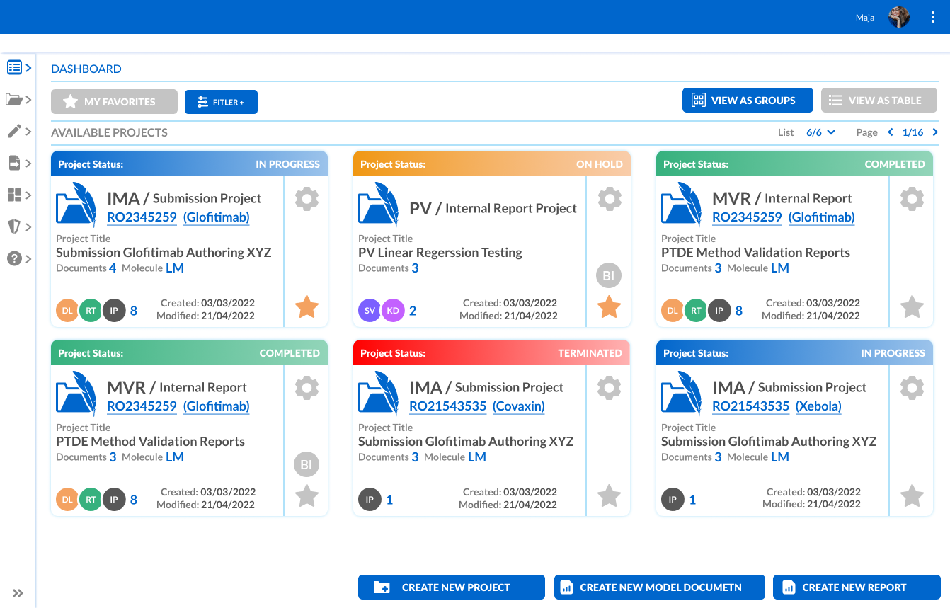 Regulatory reporting dashboard - ergonomic project summary view with settings, favorites, and links to documentation hubs
