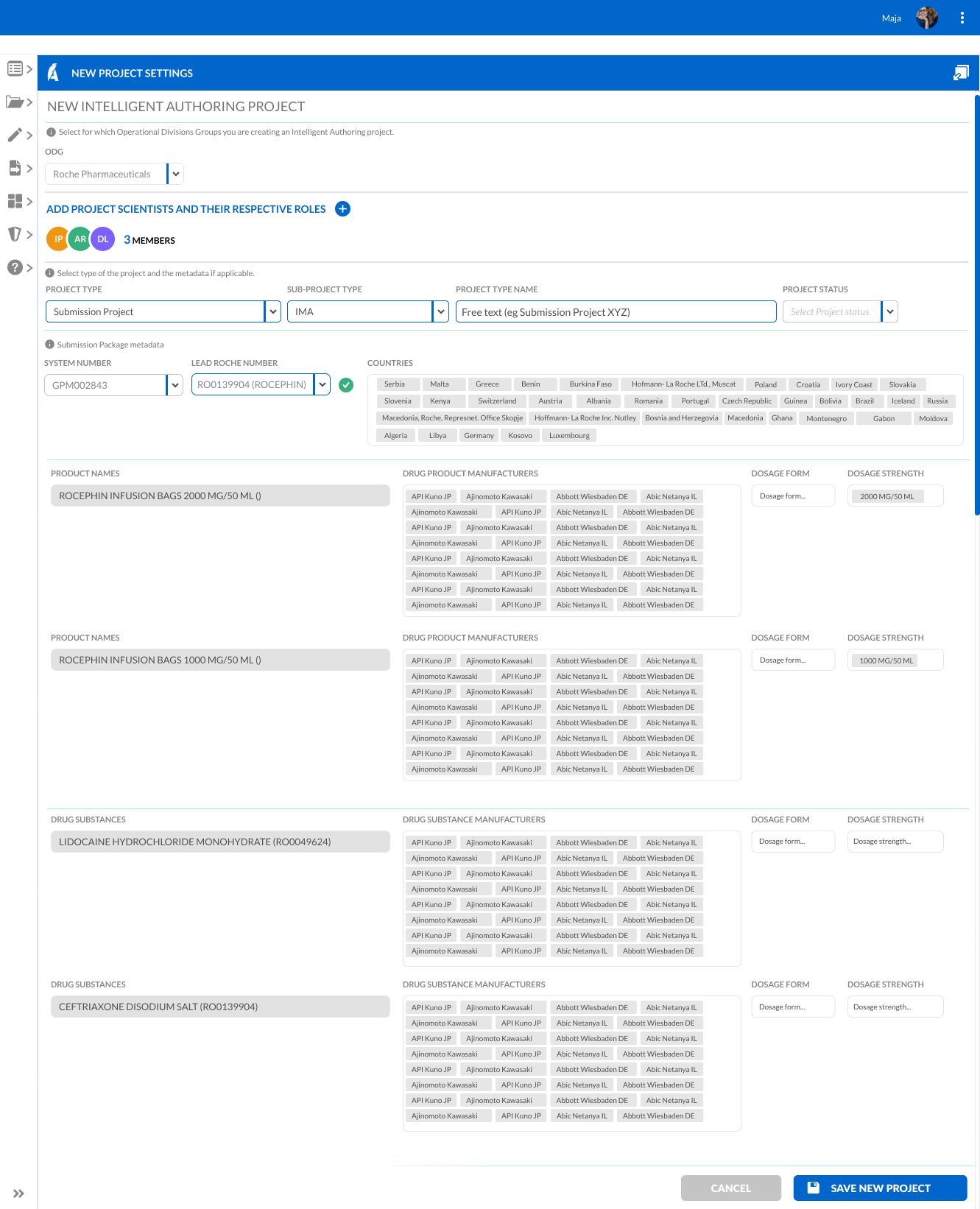 Regulatory reporting metadata selection - project configuration interface for pharmaceutical documentation management