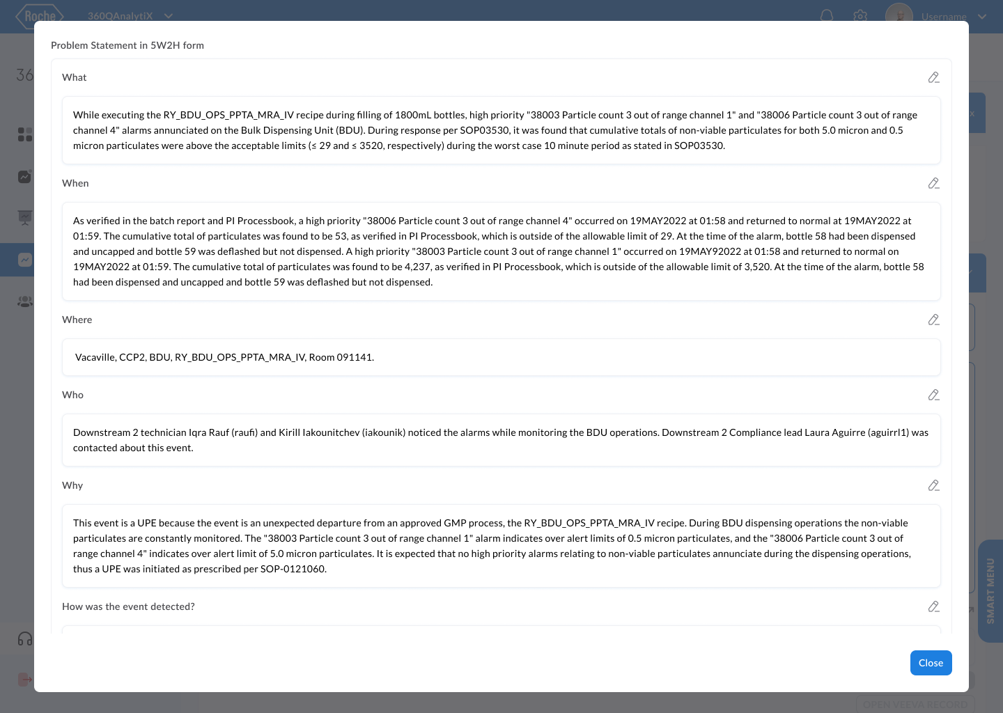 Roche quality assurance 5 Whys investigation interface - sequential causal questioning tool guiding pharmaceutical investigators to the underlying root cause
