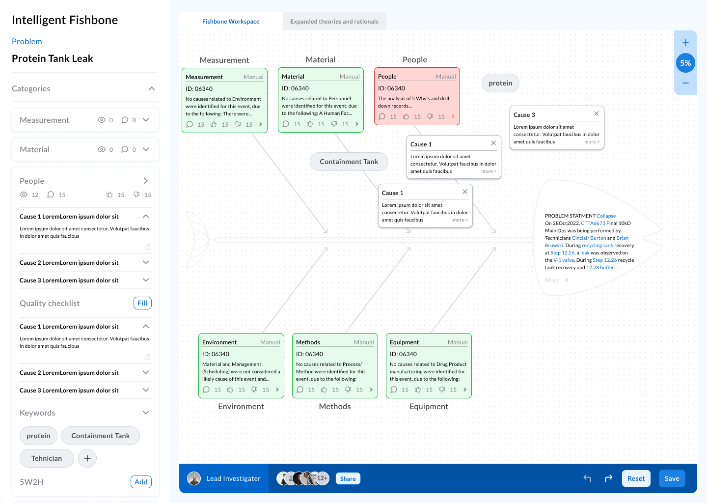 Roche quality assurance fishbone (Ishikawa) diagram UI - visual cause-and-effect interface for identifying root causes of pharmaceutical manufacturing problems