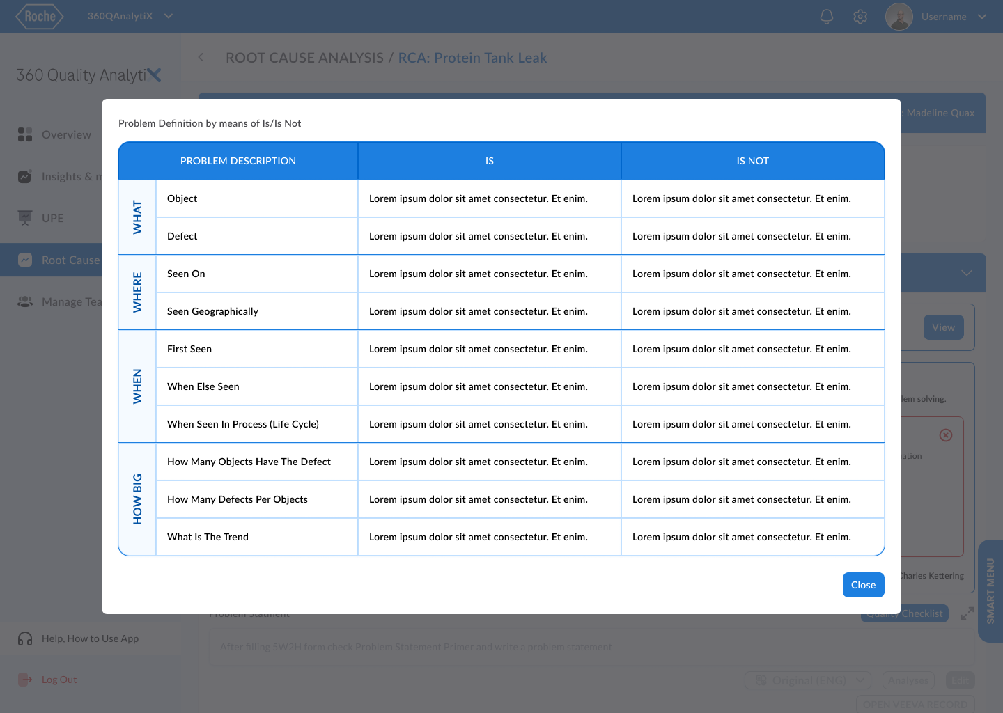 Roche quality assurance Is/Is Not analysis interface - comparative methodology for isolating specific problem conditions in pharmaceutical quality assurance
