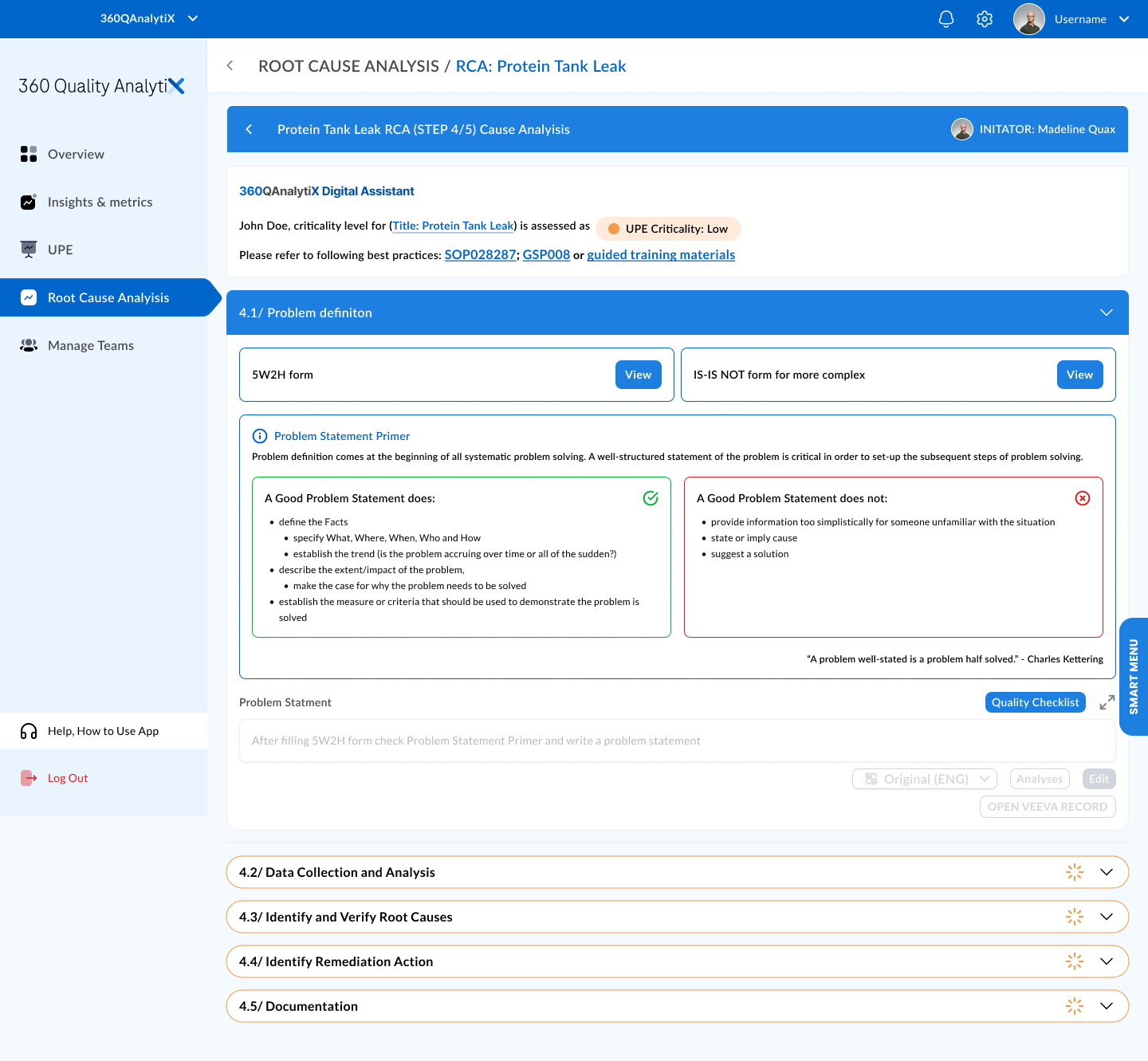 Roche root cause analysis platform overview - full investigation workflow screen used by 10,000+ users across Roche Diagnostics